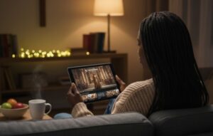 gere uma imagem de uma pessoa usando um Aplicativo para assistir filmes bíblicos